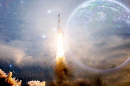 Spaceship takes off into the starry sky. Launch of Space.