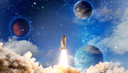 Launched rocket in flight, night starry sky background. Rocket starts into space concept