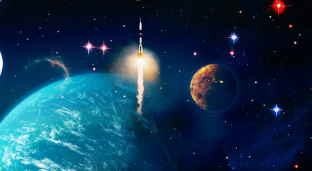 Spaceship takes off into the starry sky. Launch of Space.の写真素材