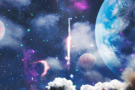 Spaceship takes off into the starry sky. Launch of Space.の写真素材