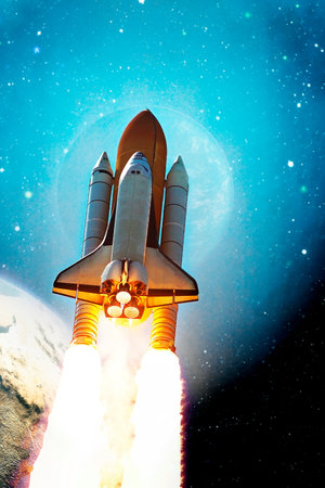 Space shuttle launch , Space with stars on background. sky and clouds. spaceship flight.