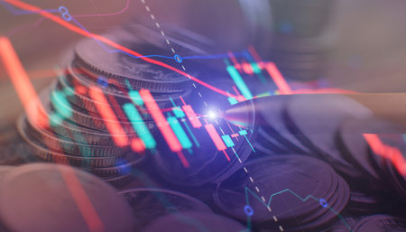 Double exposure of city night and stack of coins for finance investor, Forex trading candlestick...