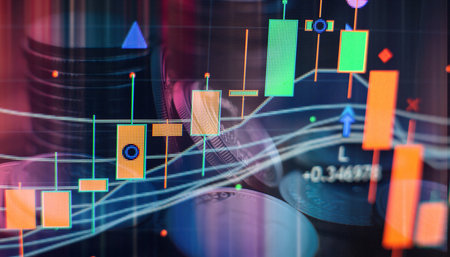 Double exposure of city night and stack of coins for finance investor, Forex trading candlestick...