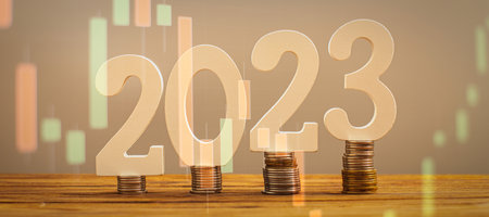 2023 on the stack of coins. tax payment, investment, and banking concept. 2023 new year saving money...