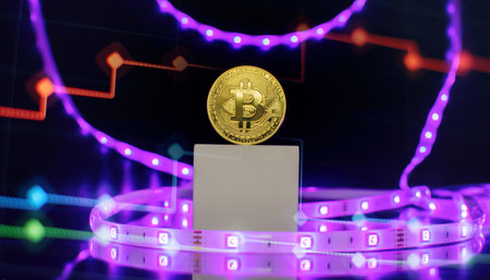 Bitcoin currency with blockchain concept. Virtual cryptocurrency concept. Bitcoins on ladderの写真素材