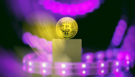 Bitcoin Cryptocurrency Coins. Stock Market Concept, digital money and stock business. Gold Bitcoin crypto currency on background of dawn red chart diagram.の写真素材