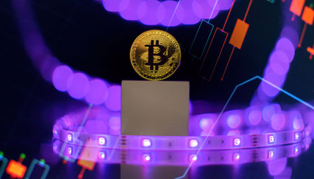 Bitcoin currency with blockchain concept. Virtual cryptocurrency concept. Bitcoins on ladderの写真素材