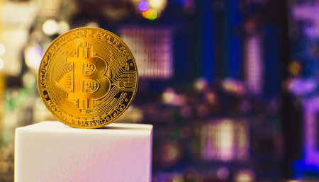 Bitcoin cryptocurrency gold coin. Trading on the cryptocurrency exchange. Trends in bitcoin exchange rates. Rise and fall charts of bitcoin.の写真素材