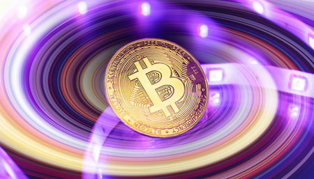 Bitcoin cryptocurrency gold coin. Trading on the cryptocurrency exchange. Trends in bitcoin exchange rates. Rise and fall charts of bitcoin.の写真素材