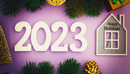 New Year 2023 background with Christmas balls and fir branches. Abstract christmas lights on...