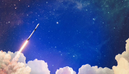 shuttle launch in the clouds to outer space. Dark space with stars on background.の写真素材