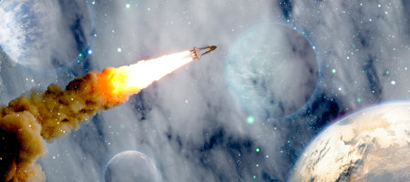 rockets launch into space on the starry sky. spacecraft flies into space with clouds of smoke.