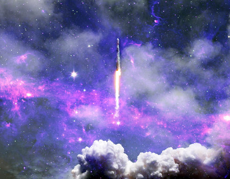 shuttle launch in the clouds to outer space. Dark space with stars on background.Spaceship flight.の写真素材