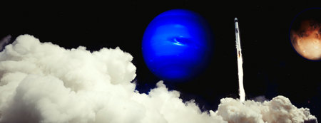 Shuttle launch in the clouds to outer space. Dark space with stars on background.Spaceship flight.