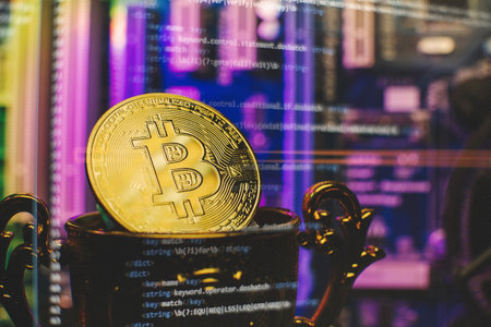 Cryptocurrency concept , Golden bitcoin on winners cup background mainboard , The future of money....