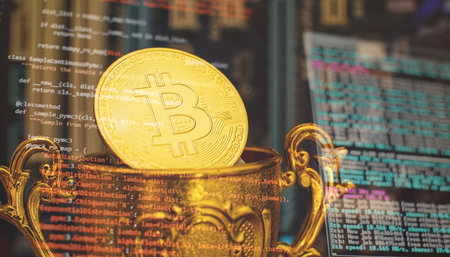 Cryptocurrency concept , Golden bitcoin on winners cup background mainboard , The future of money. Computational equipment.の写真素材