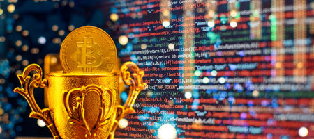 Bitcoins - the new modern currency for bitcoin payments , Golden Bitcoin Cryptocurrency on computer...