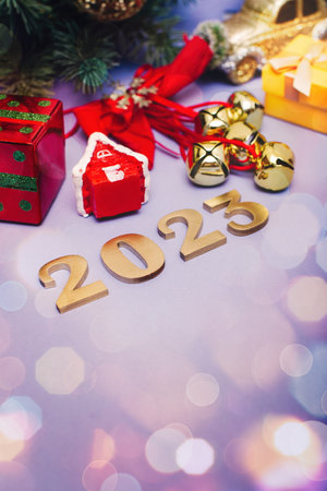 Christmas background with fir tree and decor. Top view with copy space , Christmas composition.