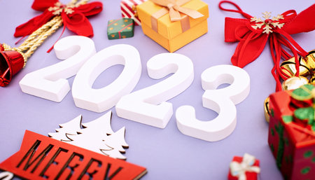 Xmas greeting card 2023. holiday time. Happy New Year. Space for text. View from above, flat lay.の写真素材