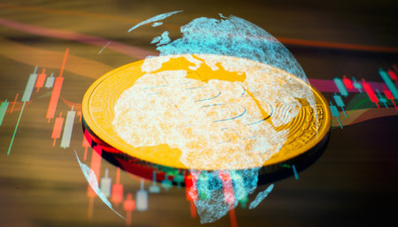 Bitcoins and New Virtual money concept , trading graph and candlestick chart suitable for financial investment concept.の写真素材