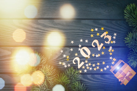 Christmas background with fir tree and decor. Top view with copy space , Christmas composition.
