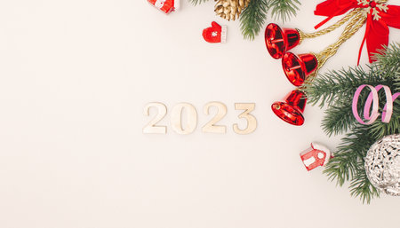 Christmas decoration with fir and gifts on a white background. Christmas Evergreen Branches Christmas decoration . Christmas, winter, new year concept. Flat lay, top view, copy space.の写真素材