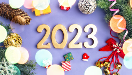 2023 new year background. Seasonal packaging and New Year's attributesの写真素材