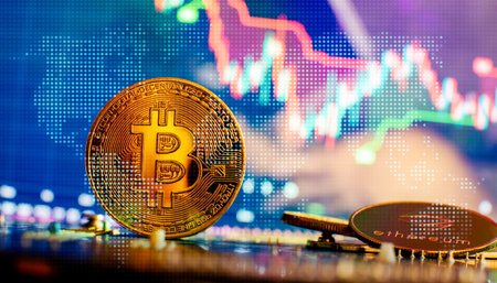Bitcoin cryptocurrency new version on computer electronic circuit board background . Virtual...