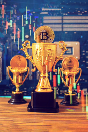 Candle stick graph chart and digital background.Golden coin with icon letter bitcoin, ethereum,...