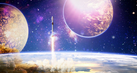 rockets launch into space on the starry sky. spacecraft flies into space with clouds of smoke.