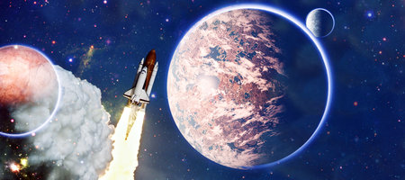 rockets launch into space on the starry sky. spacecraft flies into space with clouds of smoke.の写真素材