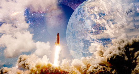 shuttle launch in the clouds to outer space. Dark space with stars on background.Spaceship flight.の写真素材