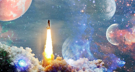 shuttle launch in the clouds to outer space. Dark space with stars on background.Spaceship flight.