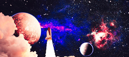 shuttle launch in the clouds to outer space. Dark space with stars on background.Spaceship flight.