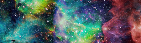 Colorful Starry Night Sky Outer Space background. Space scene with planets, stars and galaxies....