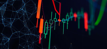 Charts of financial instruments for technical analysis. Stock trading market background as concept.の写真素材