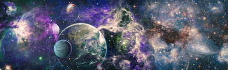 Earth and galaxies in space.Horizontal view for a glass panels . Template banner