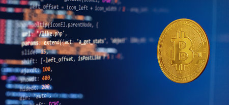 Cryptocurrency concept , Golden bitcoin on winners cup background mainboard ,