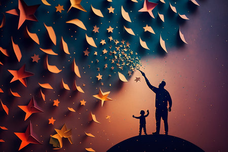 Happy Father's Day.Dad takes out a star from the sky, have a good time with their children Generative AIIの素材