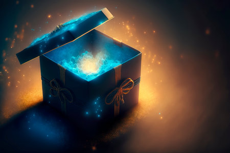 Realistic gift box with magical shining . Blue open gift box with magical lightの素材