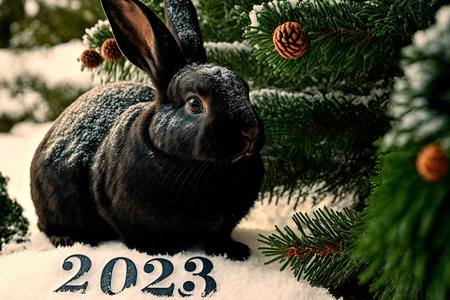 Black rabbit in festive New Year's decorations. The symbol of the new year 2023の素材