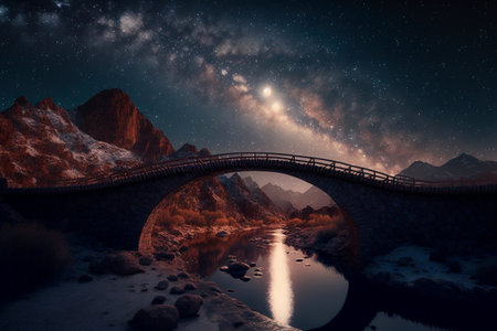 digital art. Bridge across the river in the mountains against the background of the starry skyの素材