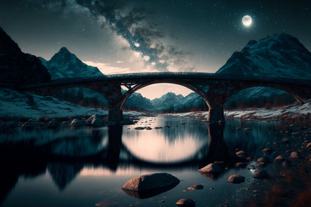 digital art. Bridge across the river in the mountains against the background of the starry skyの素材