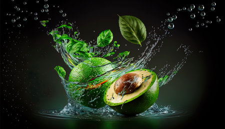 Green limes and avocado in water dropped,design element and advertising.の素材