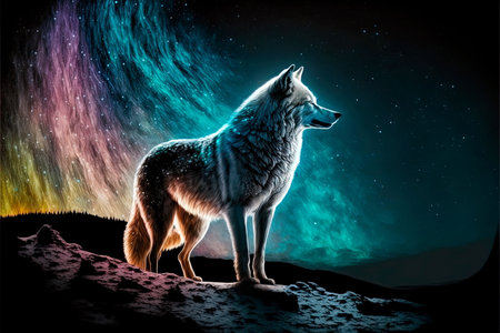 Lone wolf sings his song on top at night , Digital art .の素材