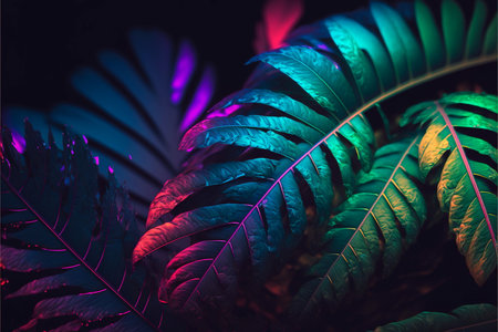 Leaves in vibrant gradient holographic neon colors.の素材