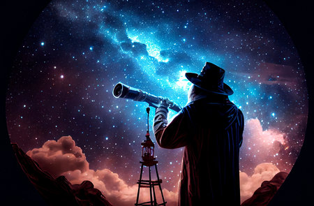 Fantastic astronomer with a telescope watching at the stars and Moon.の素材