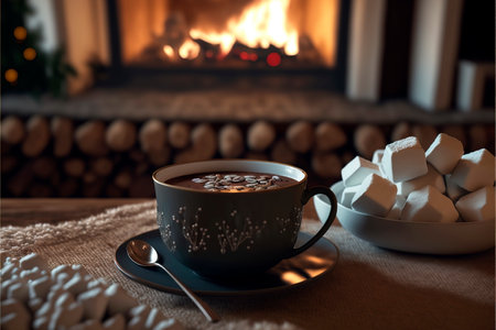 New Year's coffee with marshmallows. Christmas holidays. still life. Winter holidays concept, Magical atmosphere in the house.の素材