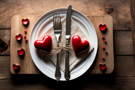 Pan view of luxury restaurant , Valentine's Day with fork, knife and hearts on a white wooden table.の素材