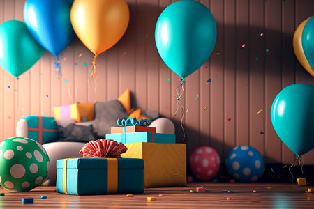 Balloons for party decoration. Birthday party background with decoration, balloon, confetti, serpentine, birthdayの素材